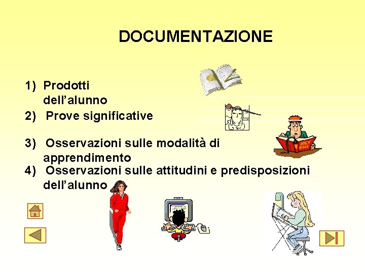 DOCUMENTAZIONE 1) Prodotti dell’alunno 2) Prove significative 3) Osservazioni sulle modalità di apprendimento 4)