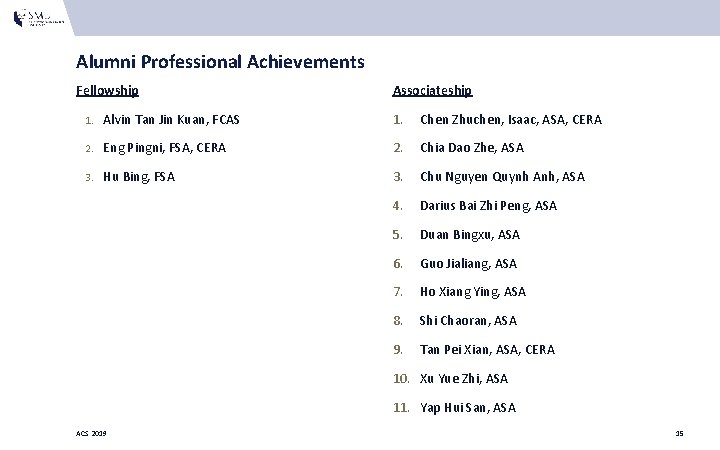 Alumni Professional Achievements Fellowship Associateship 1. Alvin Tan Jin Kuan, FCAS 1. Chen Zhuchen, Alumni Professional Achievements Fellowship Associateship 1. Alvin Tan Jin Kuan, FCAS 1. Chen Zhuchen,