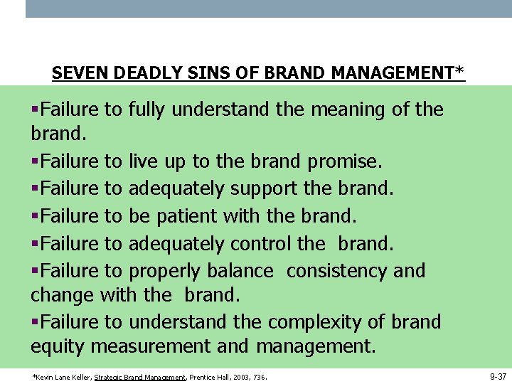 SEVEN DEADLY SINS OF BRAND MANAGEMENT* §Failure to fully understand the meaning of the