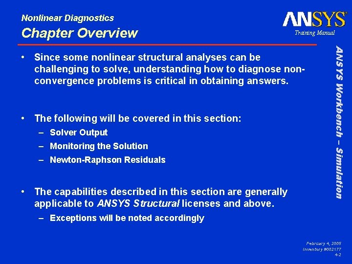 Nonlinear Diagnostics Chapter Overview Training Manual • The following will be covered in this