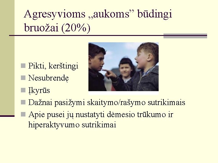 Agresyvioms „aukoms” būdingi bruožai (20%) n Pikti, kerštingi n Nesubrendę n Įkyrūs n Dažnai