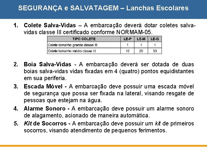 SEGURANÇA e SALVATAGEM – Lanchas Escolares 1. Colete Salva-Vidas – A embarcação deverá dotar