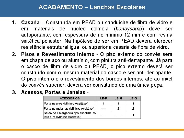 ACABAMENTO – Lanchas Escolares 1. Casaria – Construída em PEAD ou sanduiche de fibra