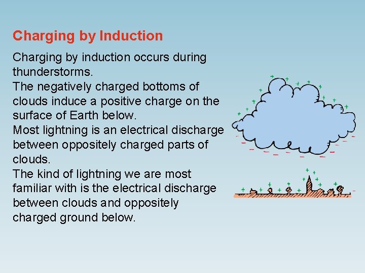 Charging by Induction Charging by induction occurs during thunderstorms. The negatively charged bottoms of