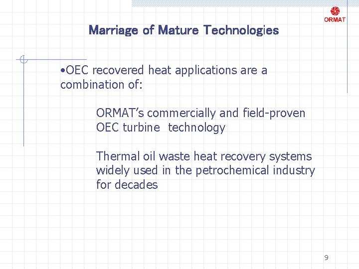 Marriage of Mature Technologies • OEC recovered heat applications are a combination of: ORMAT’s