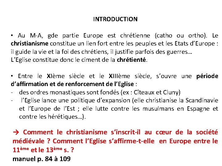 INTRODUCTION • Au M-A, gde partie Europe est chrétienne (catho ou ortho). Le christianisme