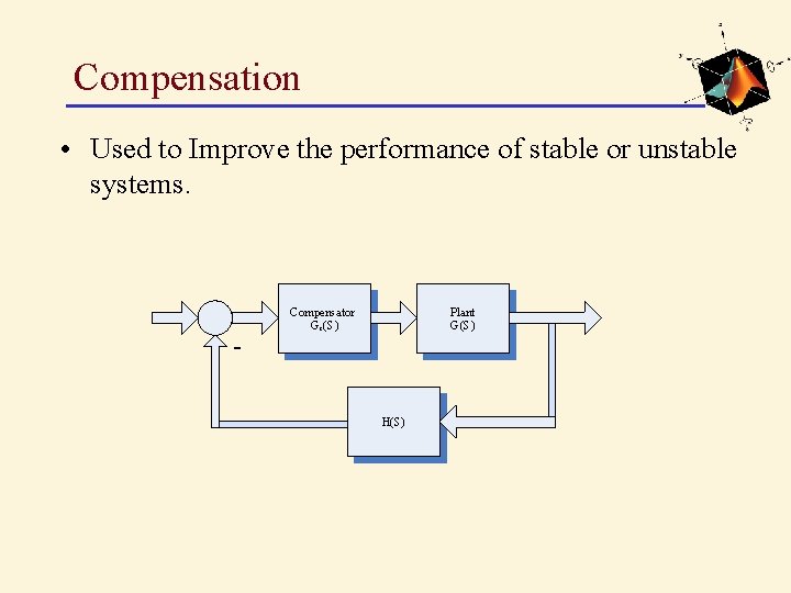 Compensation • Used to Improve the performance of stable or unstable systems. - Compensator Compensation • Used to Improve the performance of stable or unstable systems. - Compensator