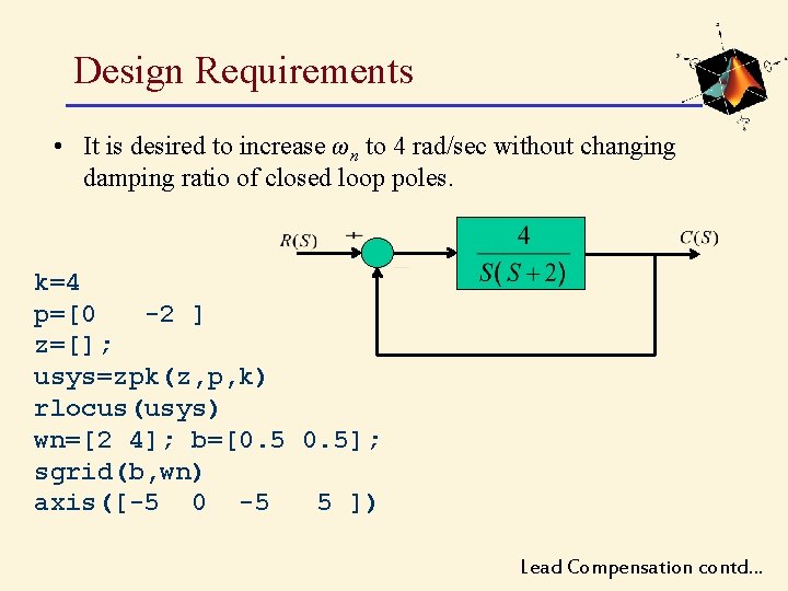 Design Requirements • It is desired to increase ωn to 4 rad/sec without changing