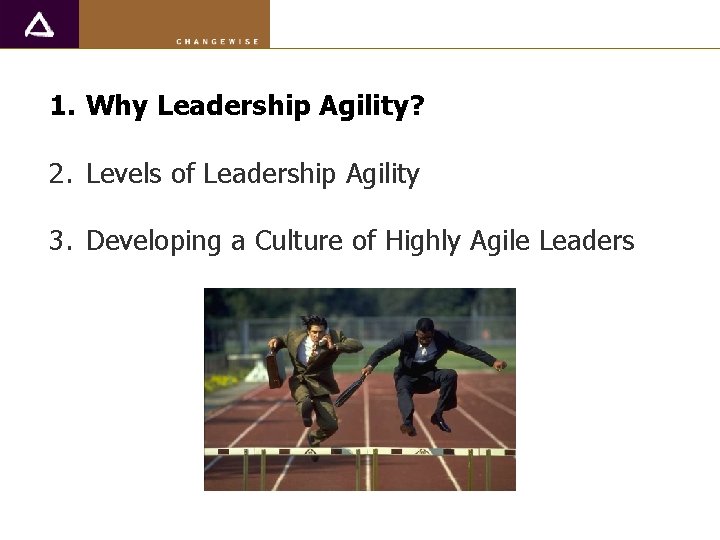 1. Why Leadership Agility? 2. Levels of Leadership Agility 3. Developing a Culture of