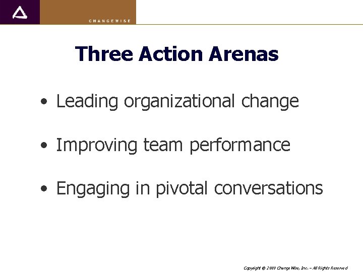 Three Action Arenas • Leading organizational change • Improving team performance • Engaging in