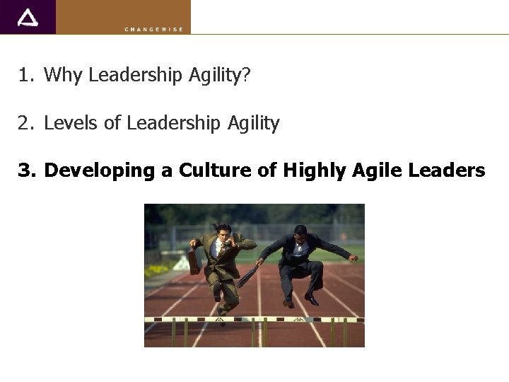 1. Why Leadership Agility? 2. Levels of Leadership Agility 3. Developing a Culture of