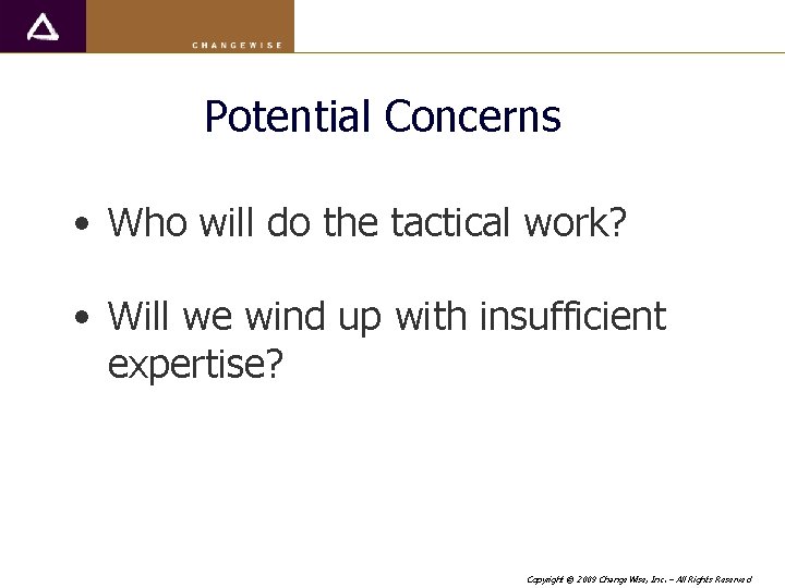 Potential Concerns • Who will do the tactical work? • Will we wind up