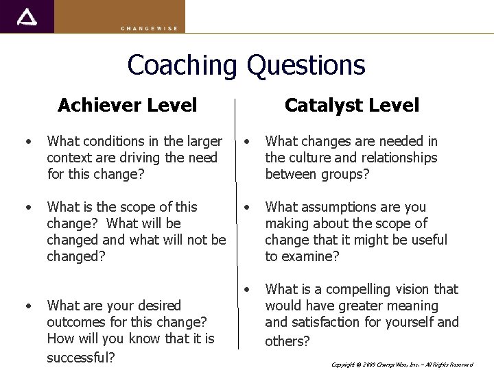 Coaching Questions Achiever Level Catalyst Level • What conditions in the larger context are