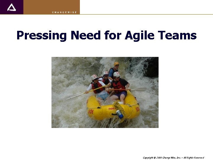Pressing Need for Agile Teams Copyright © 2009 Change. Wise, Inc. – All Rights