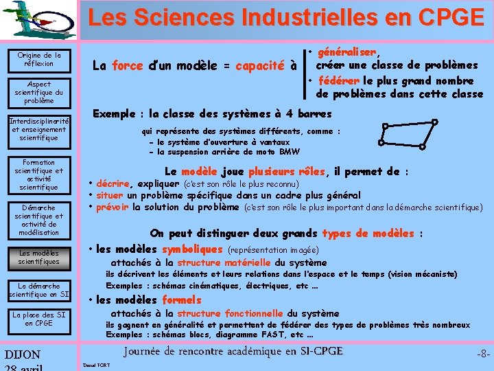 Les Sciences Industrielles en CPGE Origine de la réflexion Aspect scientifique du problème Interdisciplinarité