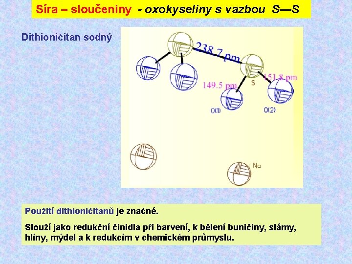 Síra – sloučeniny - oxokyseliny s vazbou S—S Dithioničitan sodný Použití dithioničitanů je značné.