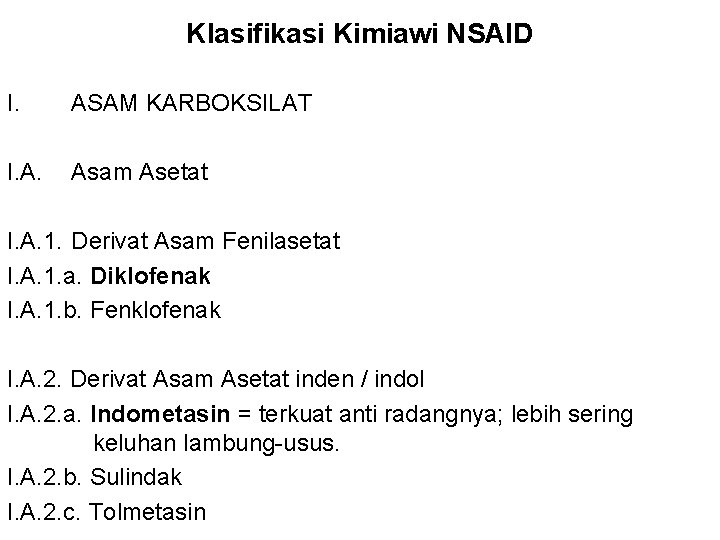 Klasifikasi Kimiawi NSAID I. ASAM KARBOKSILAT I. A. Asam Asetat I. A. 1. Derivat