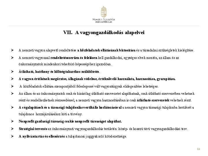  VII. A vagyongazdálkodás alapelvei Ø A nemzeti vagyon alapvető rendeltetése a közfeladatok ellátásának