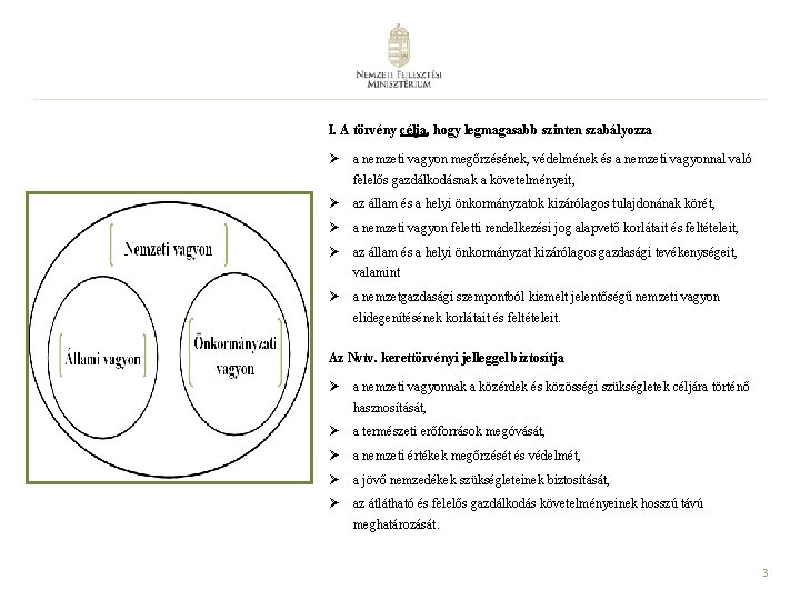 I. A törvény célja, hogy legmagasabb szinten szabályozza Ø a nemzeti vagyon megőrzésének, védelmének