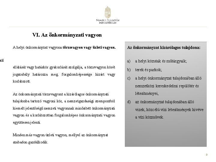 VI. Az önkormányzati vagyon A helyi önkormányzat vagyona törzsvagyon vagy üzleti vagyon. nül n