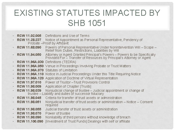 EXISTING STATUTES IMPACTED BY SHB 1051 • RCW 11. 02. 005 Definitions and Use