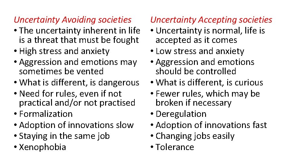 Uncertainty Avoiding societies • The uncertainty inherent in life is a threat that must