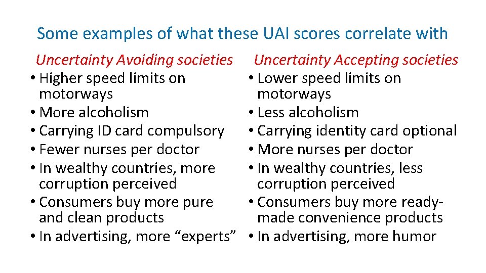 Some examples of what these UAI scores correlate with Uncertainty Avoiding societies • Higher
