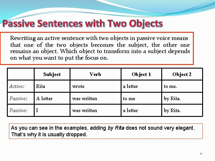 Passive Sentences with Two Objects Rewriting an active sentence with two objects in passive