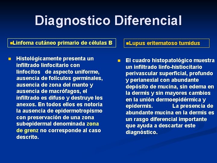 Diagnostico Diferencial n. Linfoma n cutáneo primario de células B Histológicamente presenta un infiltrado