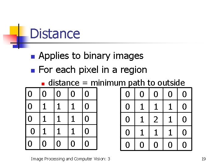 Distance n n Applies to binary images For each pixel in a region distance Distance n n Applies to binary images For each pixel in a region distance