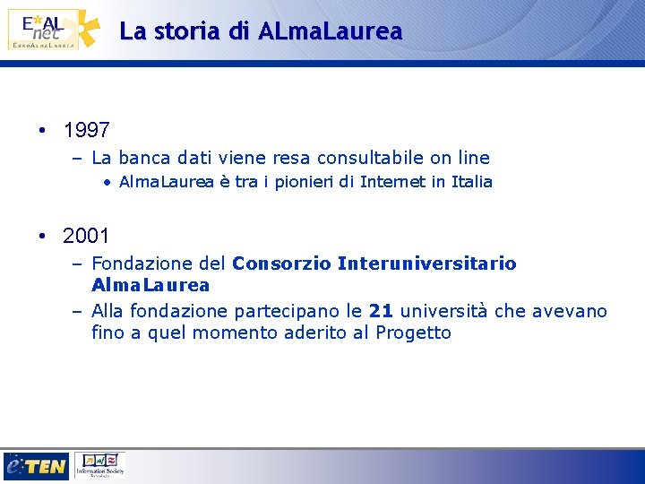 La storia di ALma. Laurea • 1997 – La banca dati viene resa consultabile
