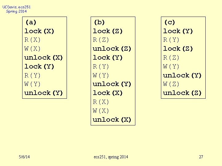 UCDavis, ecs 251 Spring 2014 (a) lock(X) R(X) W(X) unlock(X) lock(Y) R(Y) W(Y) unlock(Y)