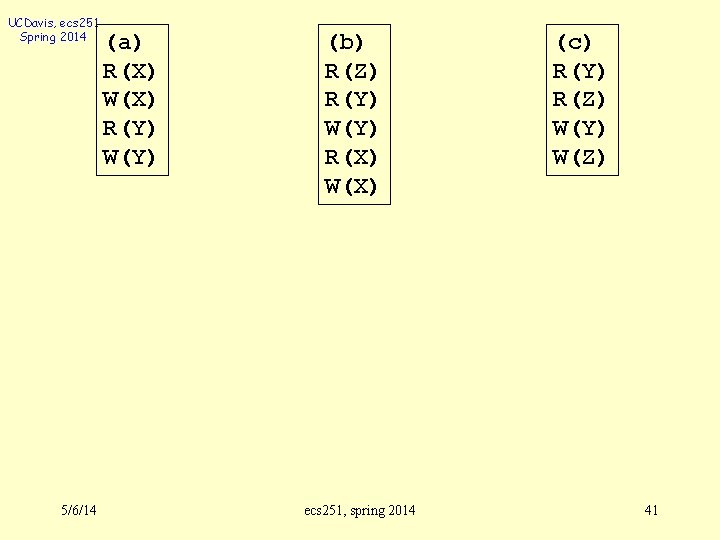 UCDavis, ecs 251 Spring 2014 5/6/14 (a) R(X) W(X) R(Y) W(Y) (b) R(Z) R(Y)