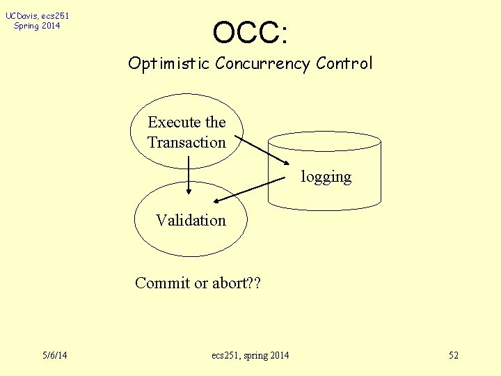 UCDavis, ecs 251 Spring 2014 OCC: Optimistic Concurrency Control Execute the Transaction logging Validation