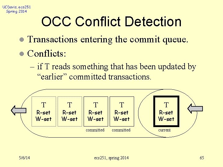 UCDavis, ecs 251 Spring 2014 OCC Conflict Detection Transactions entering the commit queue. l