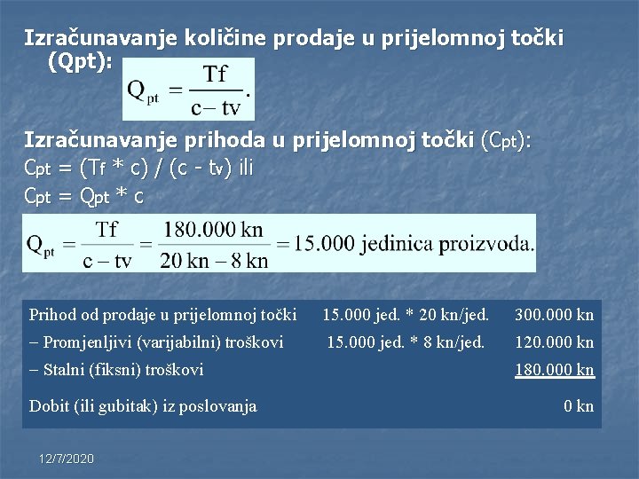 Izračunavanje količine prodaje u prijelomnoj točki (Qpt): Izračunavanje prihoda u prijelomnoj točki (Cpt): Cpt