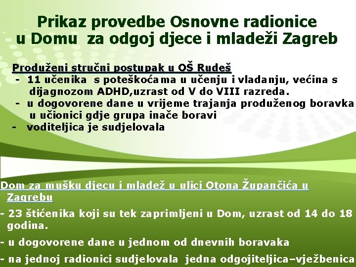 Prikaz provedbe Osnovne radionice u Domu za odgoj djece i mladeži Zagreb Produženi stručni