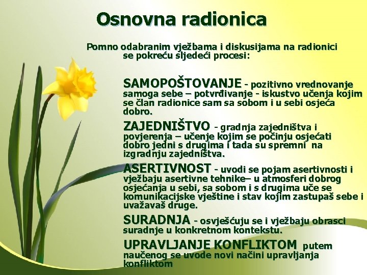 Osnovna radionica Pomno odabranim vježbama i diskusijama na radionici se pokreću sljedeći procesi: SAMOPOŠTOVANJE