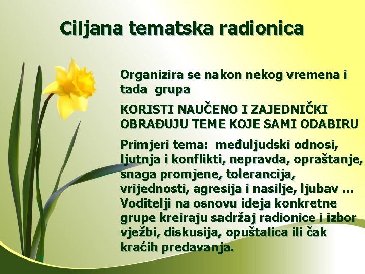 Ciljana tematska radionica Organizira se nakon nekog vremena i tada grupa KORISTI NAUČENO I