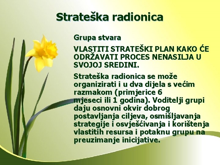 Strateška radionica Grupa stvara VLASTITI STRATEŠKI PLAN KAKO ĆE ODRŽAVATI PROCES NENASILJA U SVOJOJ