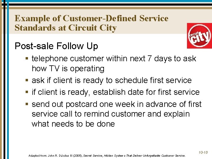 Example of Customer-Defined Service Standards at Circuit City Post-sale Follow Up § telephone customer