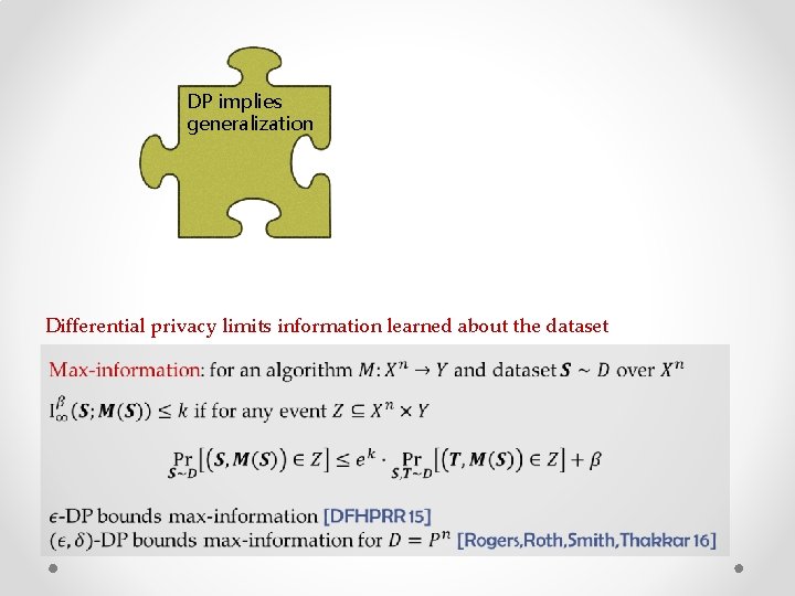 DP implies generalization Differential privacy limits information learned about the dataset 