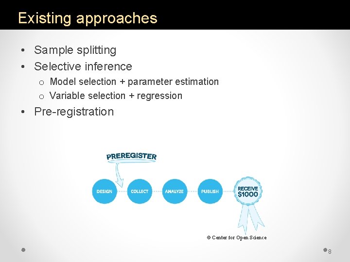 Existing approaches • Sample splitting • Selective inference o Model selection + parameter estimation