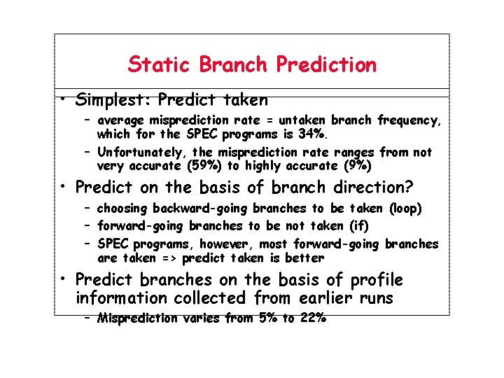Static Branch Prediction • Simplest: Predict taken – average misprediction rate = untaken branch