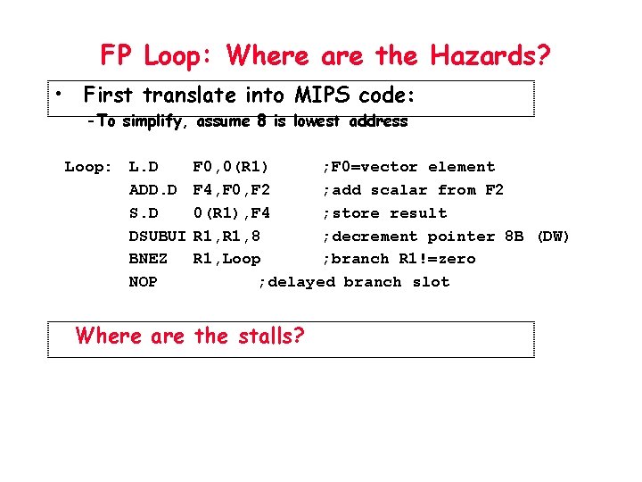 FP Loop: Where are the Hazards? • First translate into MIPS code: -To simplify,