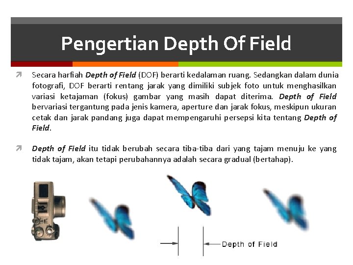 Pengertian Depth Of Field Secara harfiah Depth of Field (DOF) berarti kedalaman ruang. Sedangkan