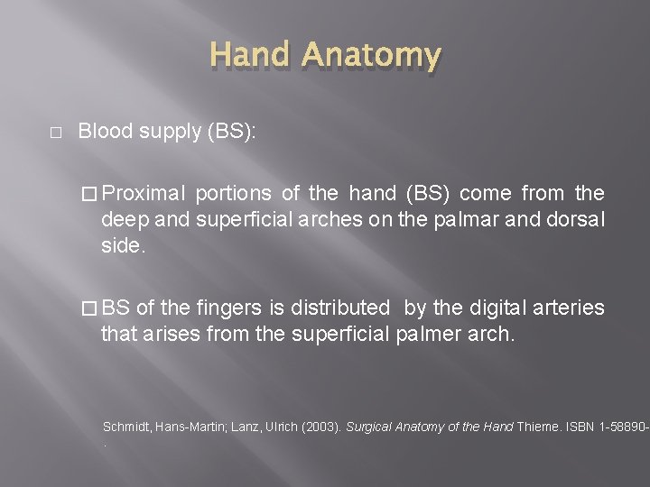 Hand Anatomy � Blood supply (BS): � Proximal portions of the hand (BS) come