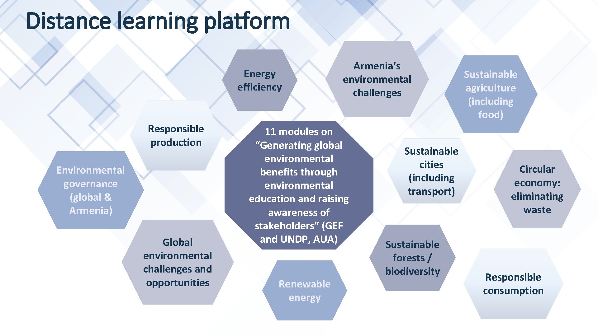 Distance learning platform Energy efficiency Responsible production Environmental governance (global & Armenia) Global environmental