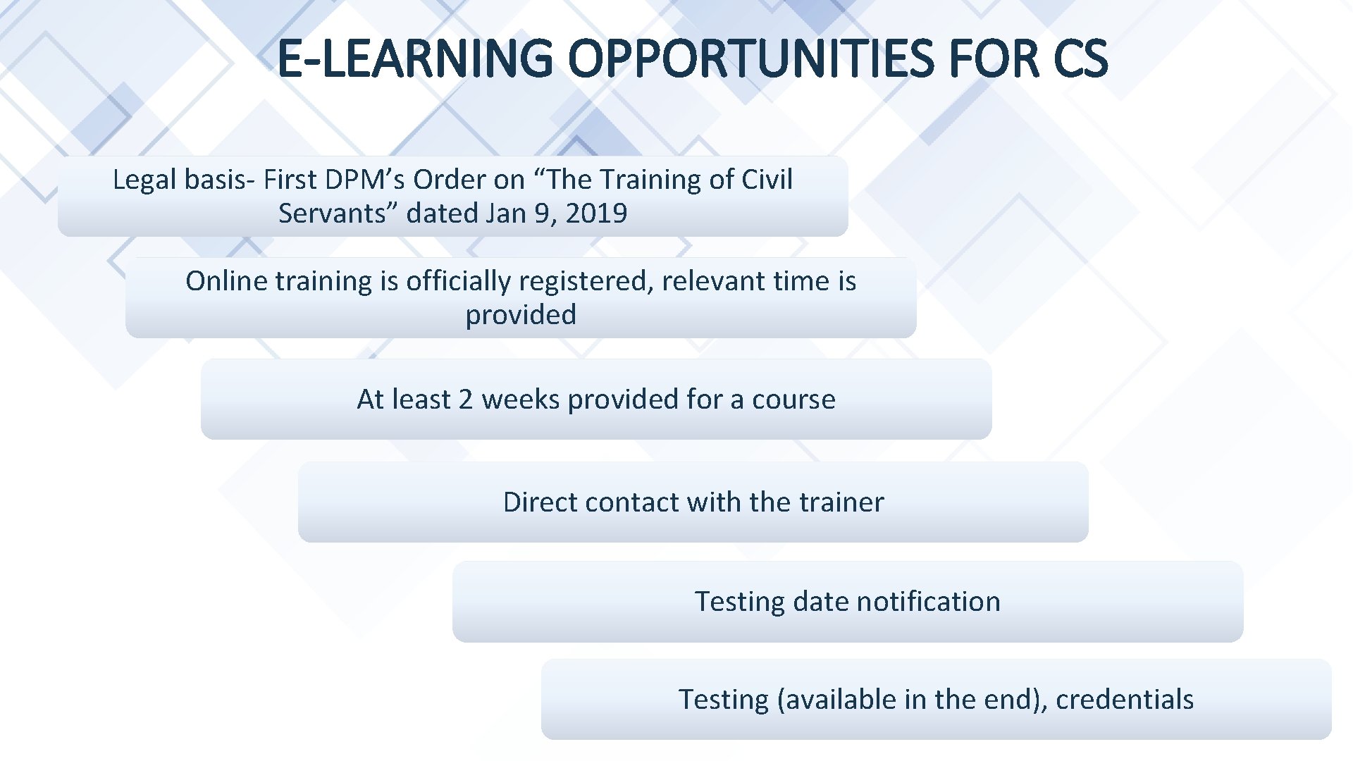 E-LEARNING OPPORTUNITIES FOR CS Legal basis- First DPM’s Order on “The Training of Civil