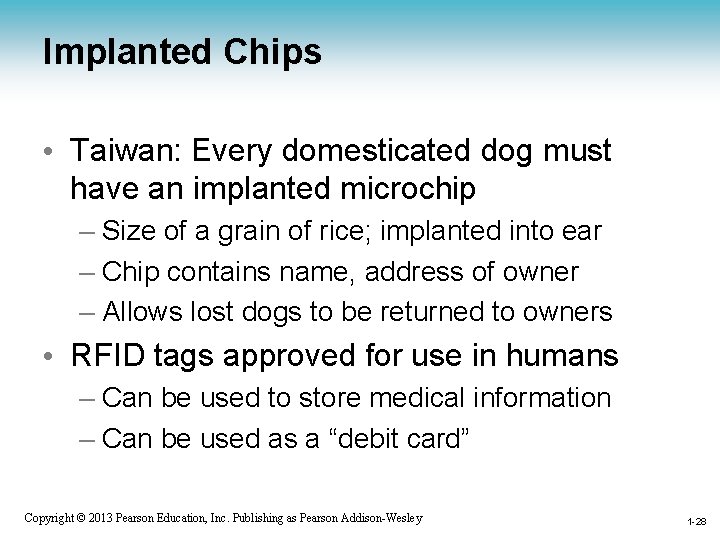 Implanted Chips • Taiwan: Every domesticated dog must have an implanted microchip – Size